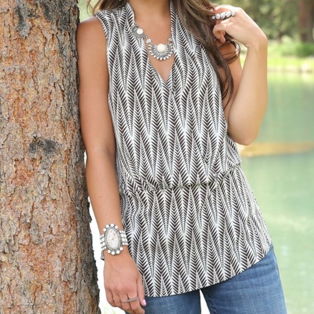 Cruel Denim Surplice Deep V Neck Tank Top White & Brown Size S